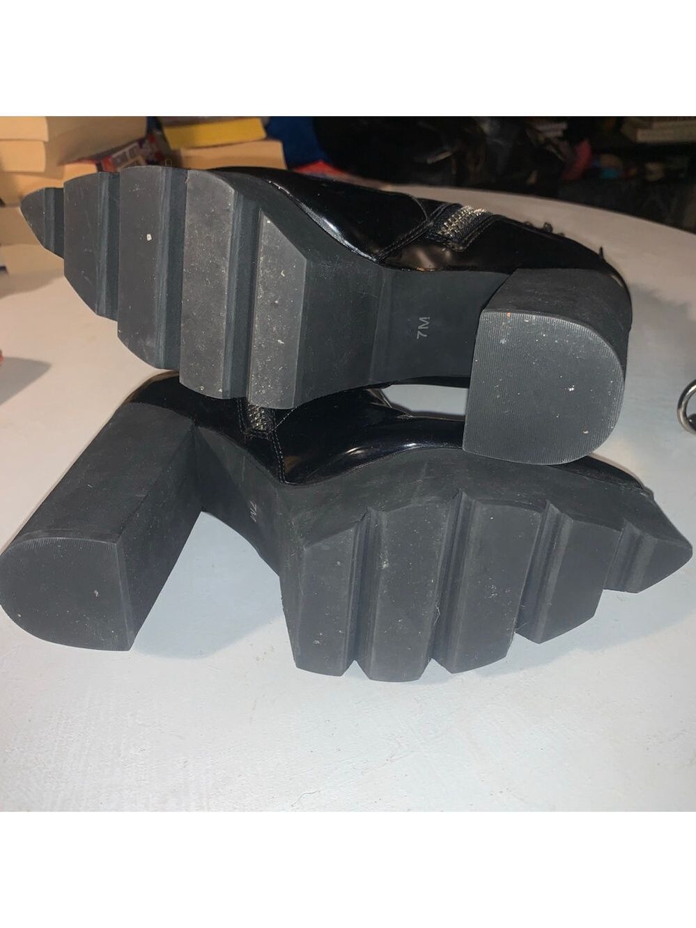 Women's Unbranded Black Patent Lace Trim Heeled Boots Size 7 - Picture 6 of 14